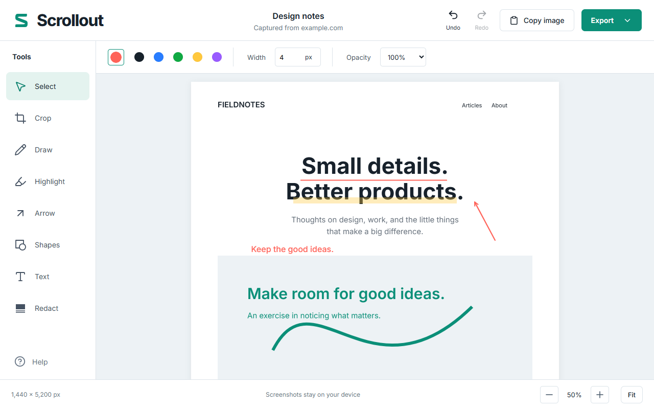 Scrollout’s light editor with a full-page screenshot, highlights, an arrow, and a text annotation